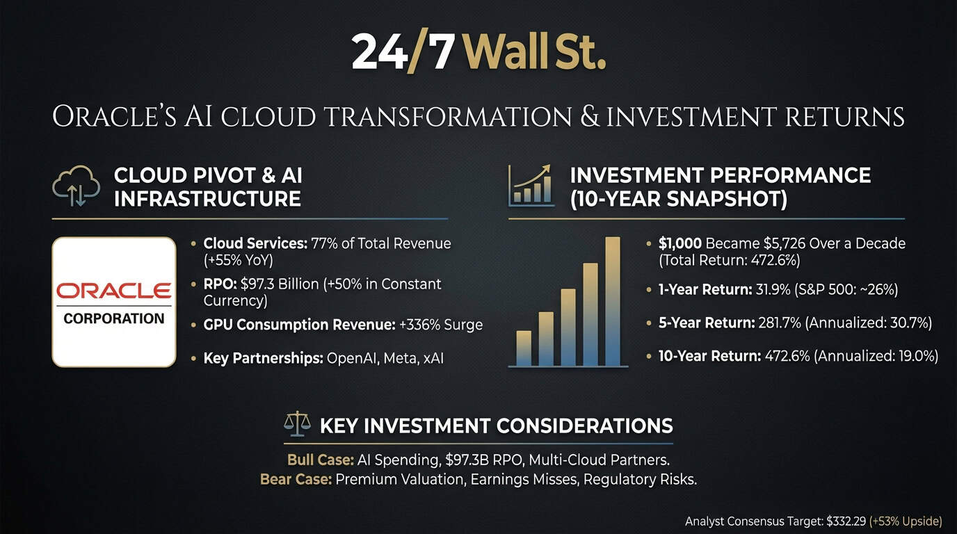 Oracle Q4 FY26 print: revenue beat, RPO 638B (plus 363% YoY), FY27 EPS raised to 8.05. Stock dropped 10% Thursday on 40B debt plus 20B equity raise plus capex revised to 55.7B (vs 50B plan). The AI-capex bill is now visible on the balance sheet. Source: Coverage of Oracle Q4 FY26 earnings