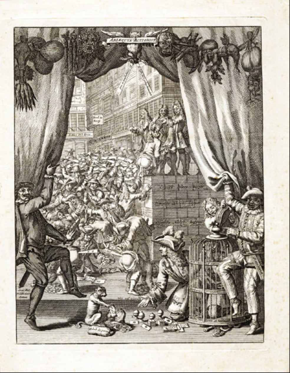 Arlequyn Actionist, 1720, etching from Het groote tafereel der dwaasheid (The Great Scene of Folly)